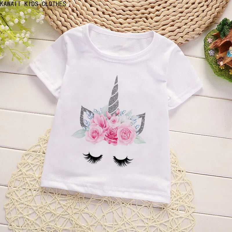 Unicorn Floral Cartoon Printed Girls Summer Tees childrensterritory