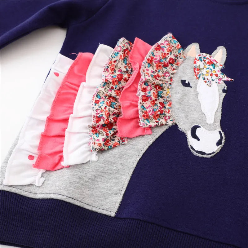 Horse Applique Design Kids Girls Long Sleeve Sweatshirts