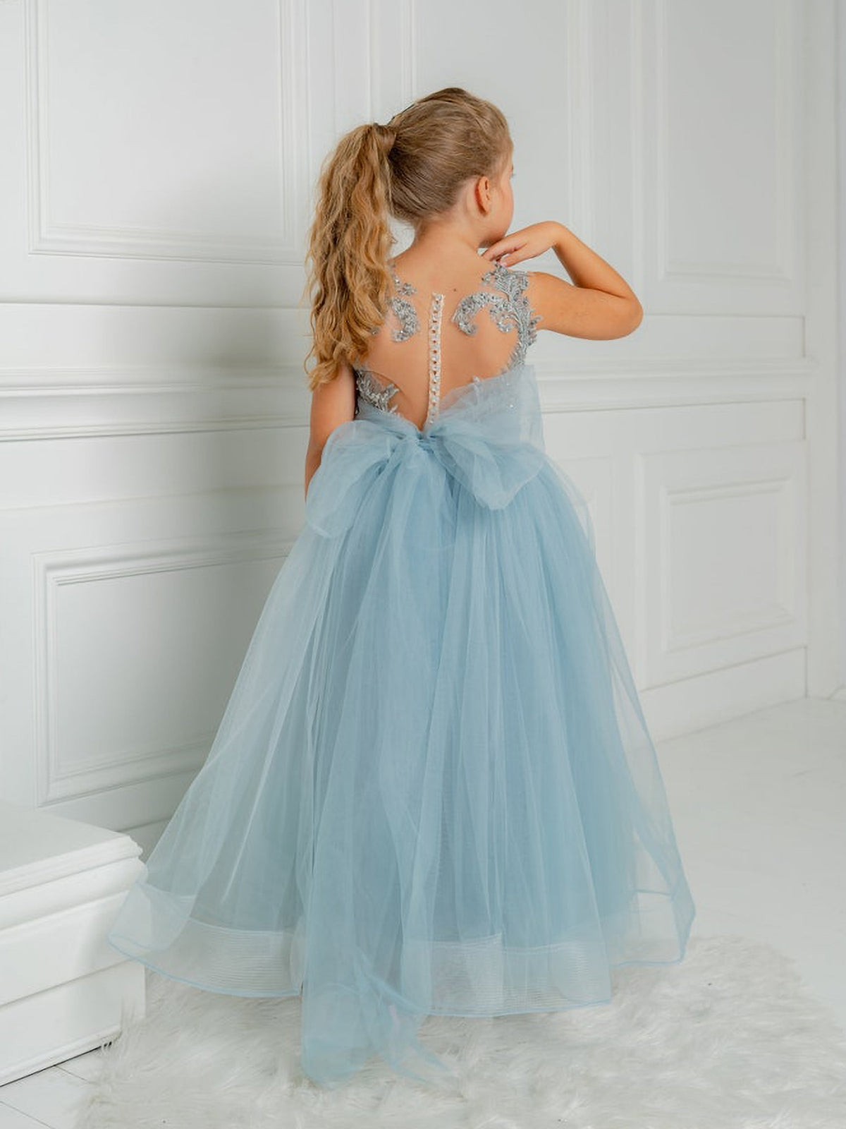 Kids Girls Backless Tutu Wedding Party Dresses with Long Train childrensterritory