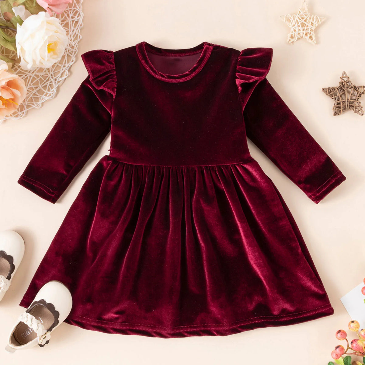 Girls’ Cozy Solid Color Long-Sleeve Winter Dresses childrensterritory