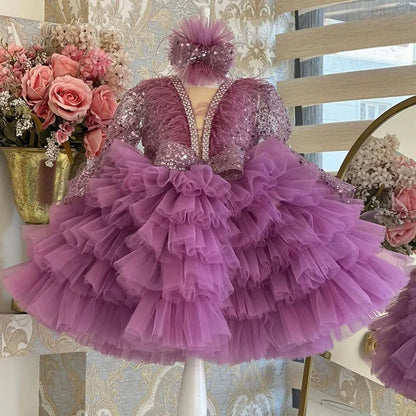 Gorgeous V-neck Sequin Design Little Girls Mesh Cake Dress