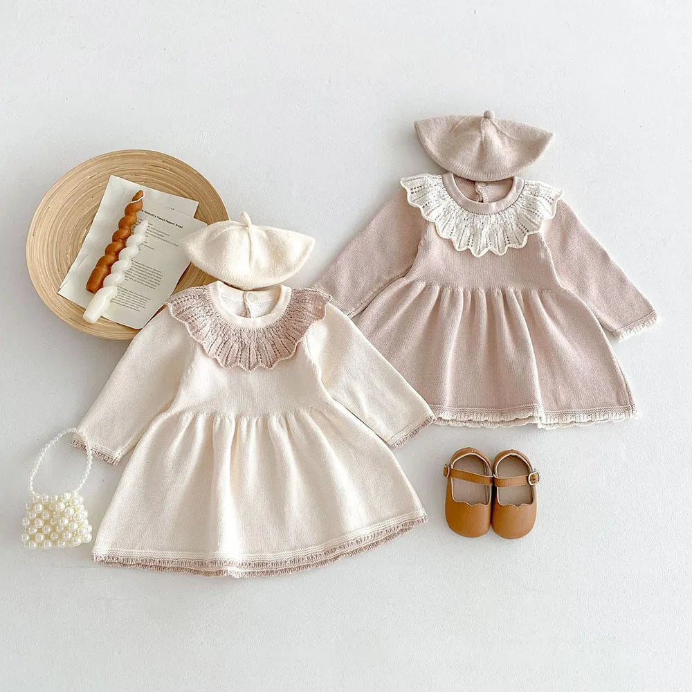 Girls’ Long Sleeves Collar Design Warm Dresses