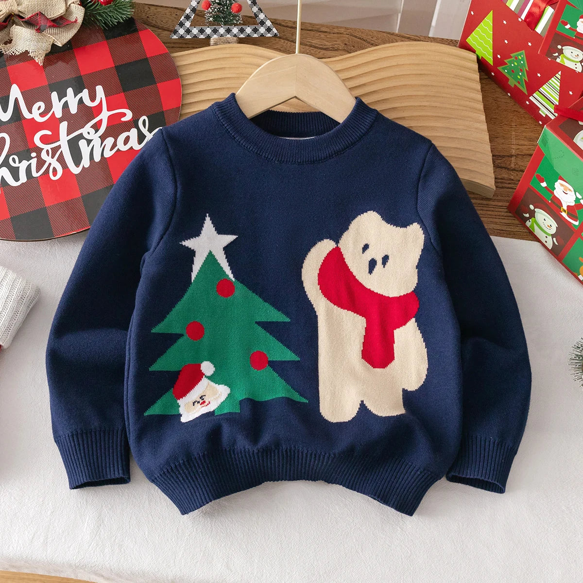 Kids Round Neck Christmas Tree Design Winter Sweater