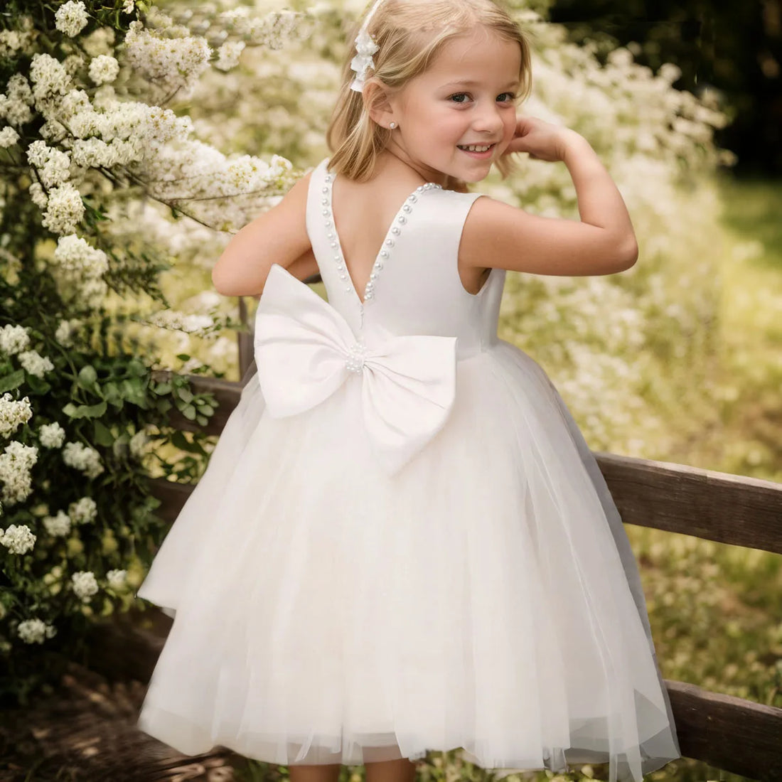 Kids Girls Solid Color Pearl Bow Design Fluffy Princess Dresses childrensterritory