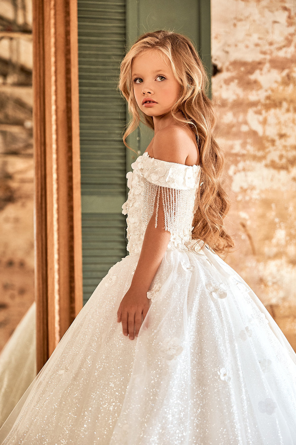 Floral Off Shoulder Kid Girl Baptism Gown with Crystals Tassel childrensterritory