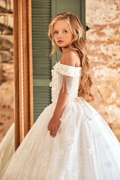 Floral Off Shoulder Kid Girl Baptism Gown with Crystals Tassel childrensterritory