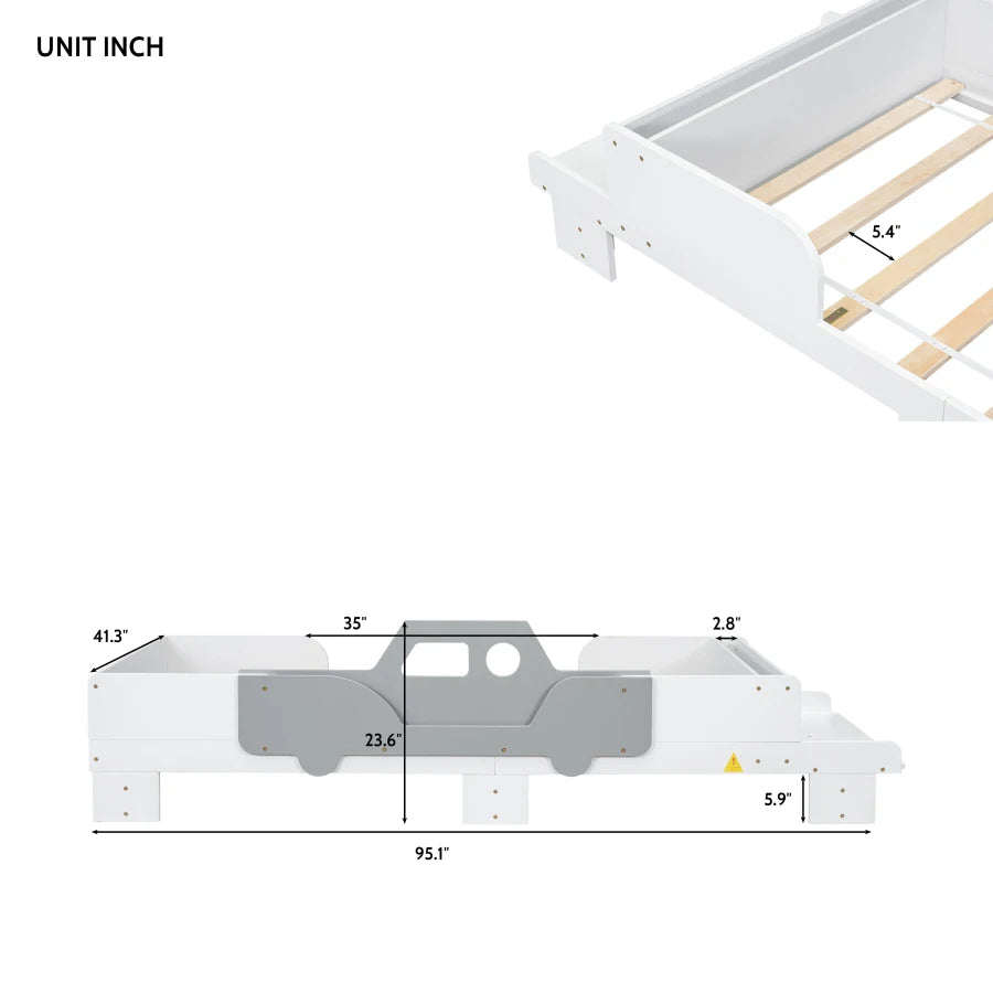 Stylish Car-Shaped Twin Bed with Bench for Kids childrensterritory