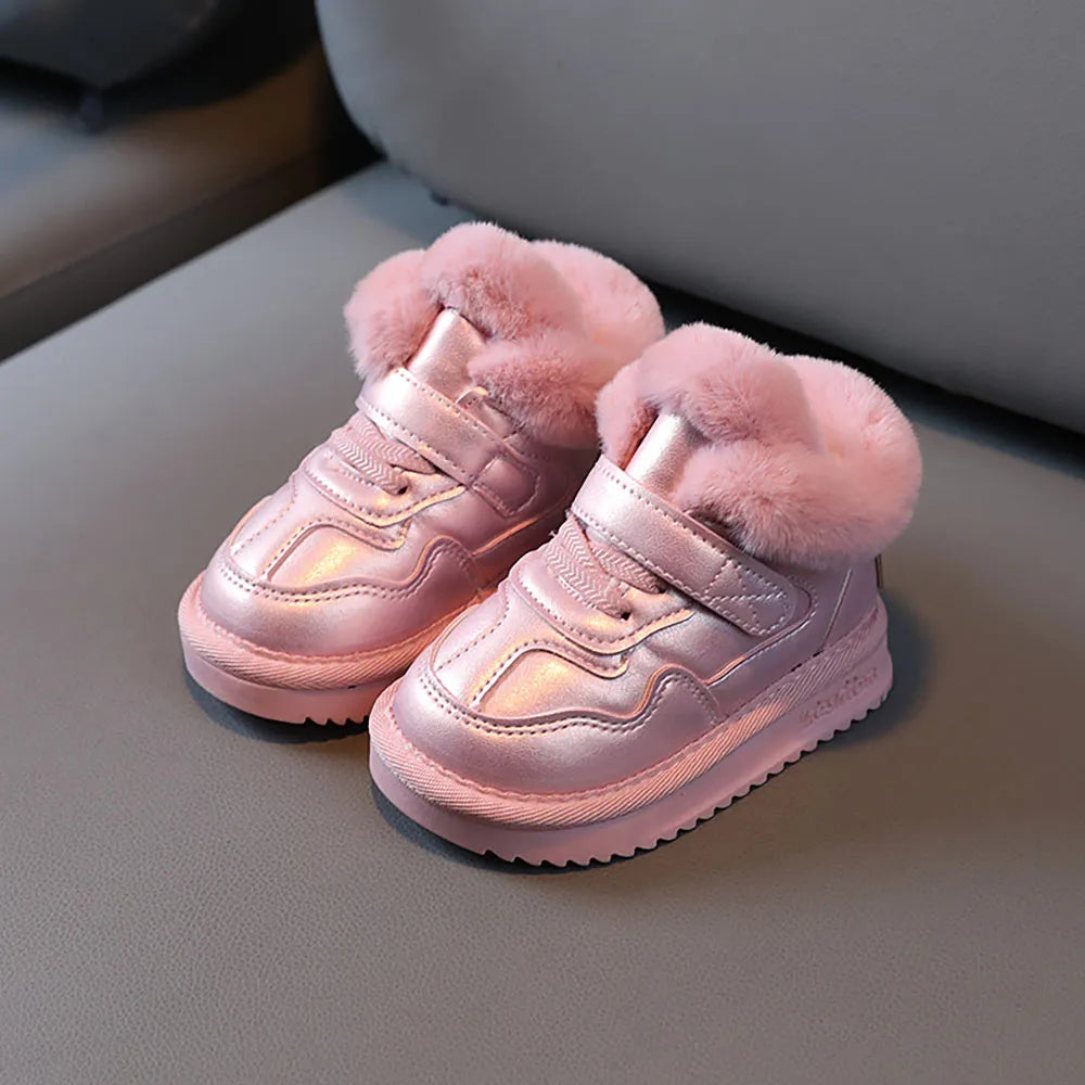 Kids Girls PU Leather Plush Warm Soft-soled Winter Shoes childrensterritory