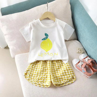 2Pcs Baby Girls Short Sleeved Tees and Plaid Shorts Outfit Set childrensterritory