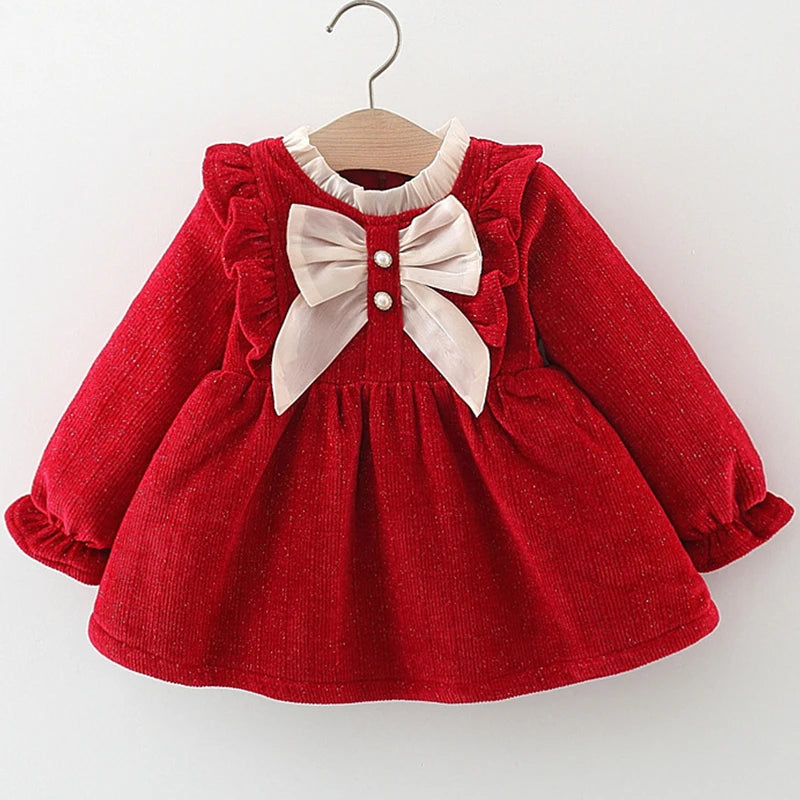 Baby Girls' Long-Sleeved Bow Design Winter Dresses childrensterritory