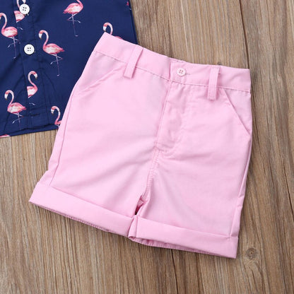 Flamingo Print Kid Boy Party Suit Shirt and Solid Shorts Set childrensterritory