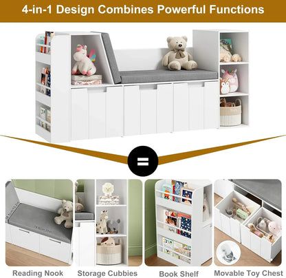 61.5" Kids Reading Nook with Double Bench and Bookshelf childrensterritory