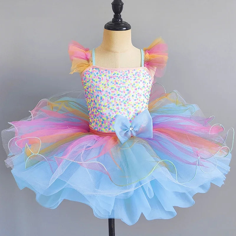 Kids Girls Rainbow Color Design Ballerina Dress
