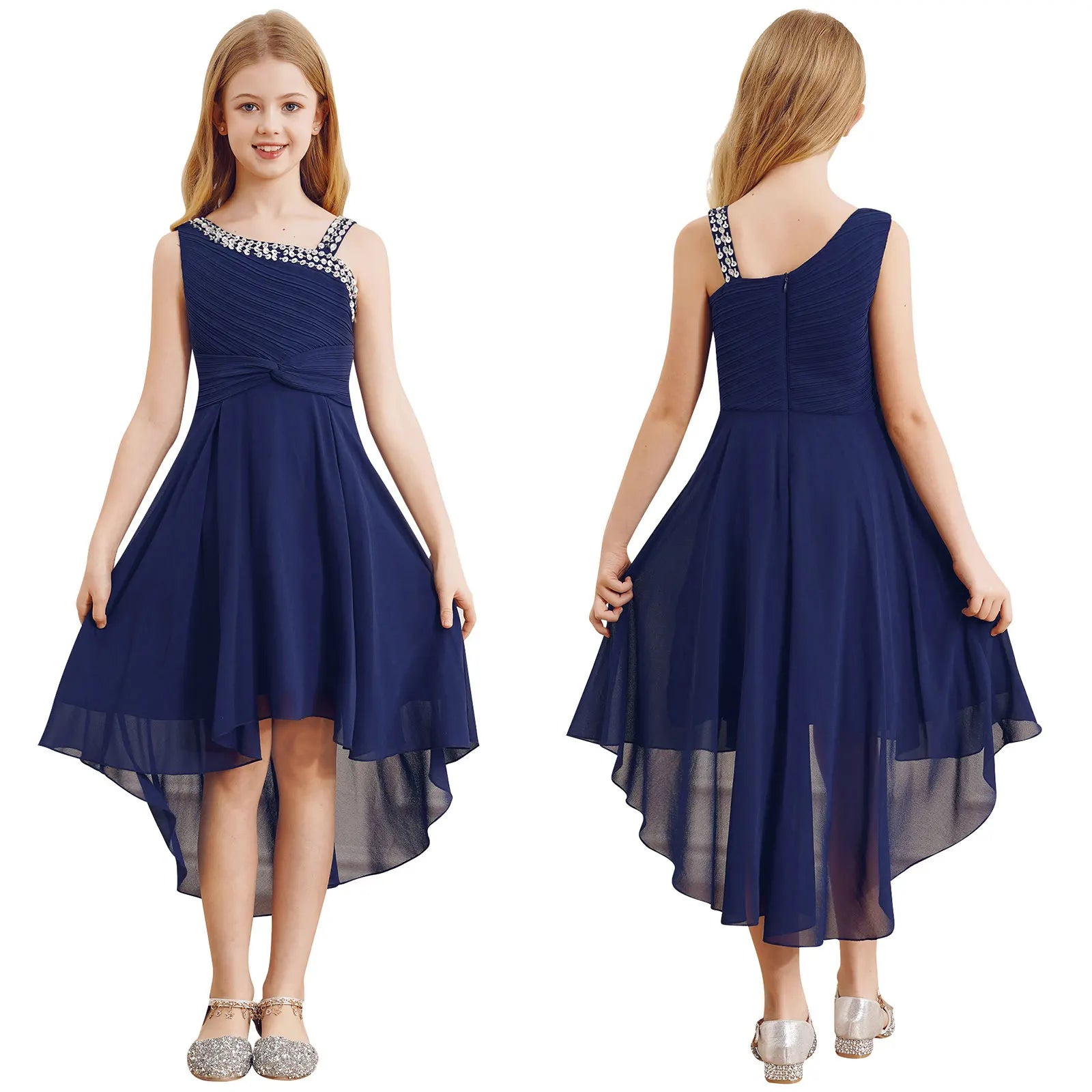 Kids Girls Ruched Twisted High-Low Summer Chiffon Dresses