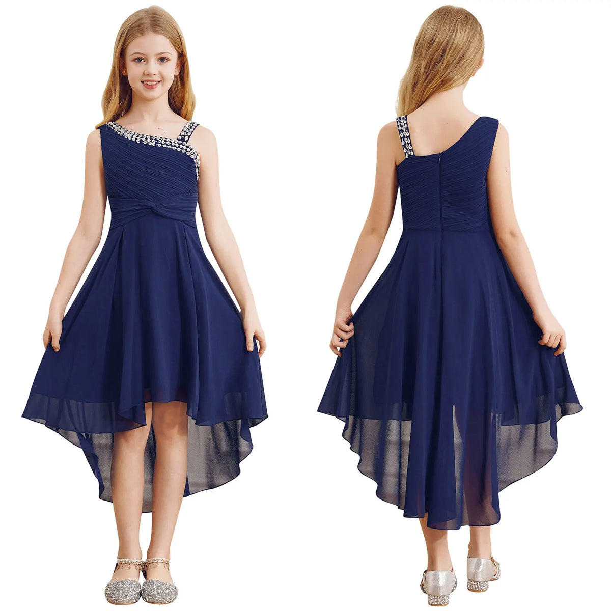 Kids Girls Ruched Twisted High-Low Summer Chiffon Dresses childrensterritory