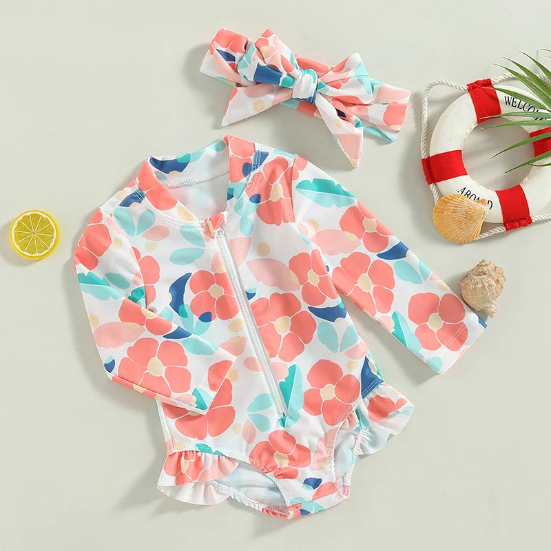 Floral Print Zipper Long Sleeve Baby Girls Swimsuit &amp; Headband