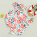 Floral Print Zipper Long Sleeve Baby Girls Swimsuit & Headband