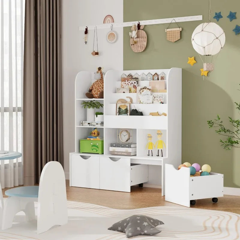 Kids Multipurpose Bookcase with 3 Movable Drawers and 5 Cubbies