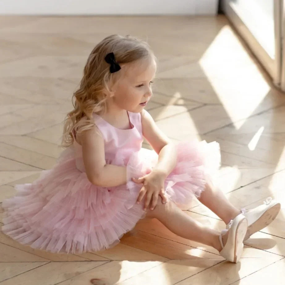 Puffy Pink Layers Skirt Wedding Party Dress for Kids Girls