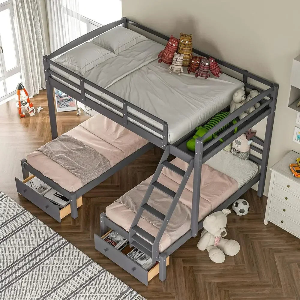 Full Over Triple Bunk Bed with Drawers and Guardrails