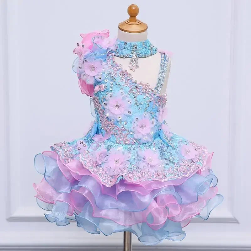 Kids Girls Beading Stones Ruffles Halter Party Dress