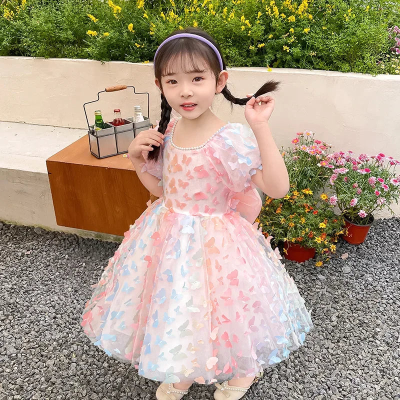 Kids Girl Elegant Butterfly Design Colorful  Birthday Party Dress
