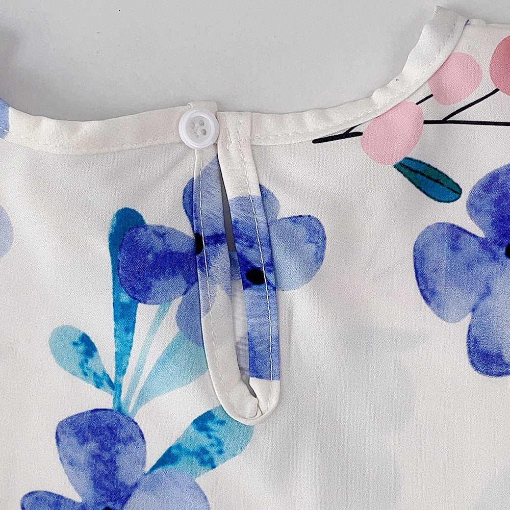 Purple Flowers Pattern with Bubble Sleeve Kids Girl Princess Dress childrensterritory