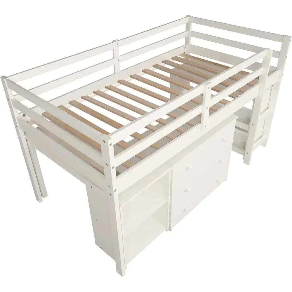 Portable Twin Loft Bed with Storage Cabinet for Kids
