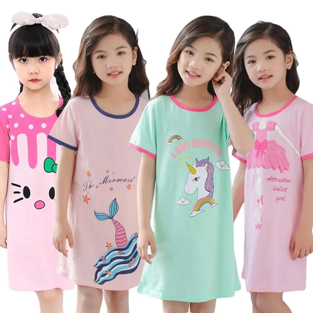 Kids Girls Unicorn Cartoon Design Soft Cotton Long Night Dresses