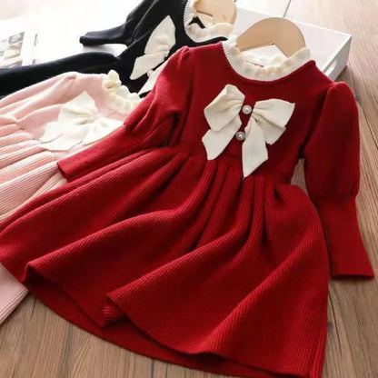 Little Girls Bow-Decorated Woolen Dress for New Year childrensterritory