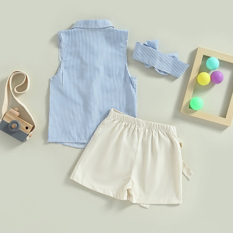 Kids Girls Striped Vest and Tie-up Shorts Set for Summer childrensterritory