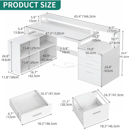 Computer Desk in L Shape with Power Outlets and File Cabinet childrensterritory