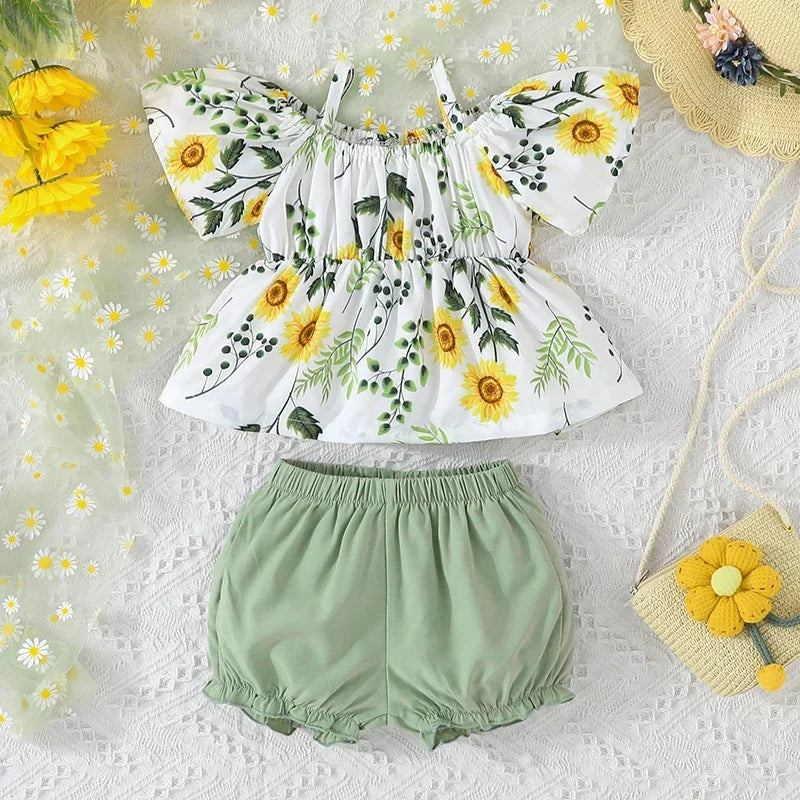 Baby Girls Floral Suspenders Tops and Shorts 2Pcs Outfit Set childrensterritory