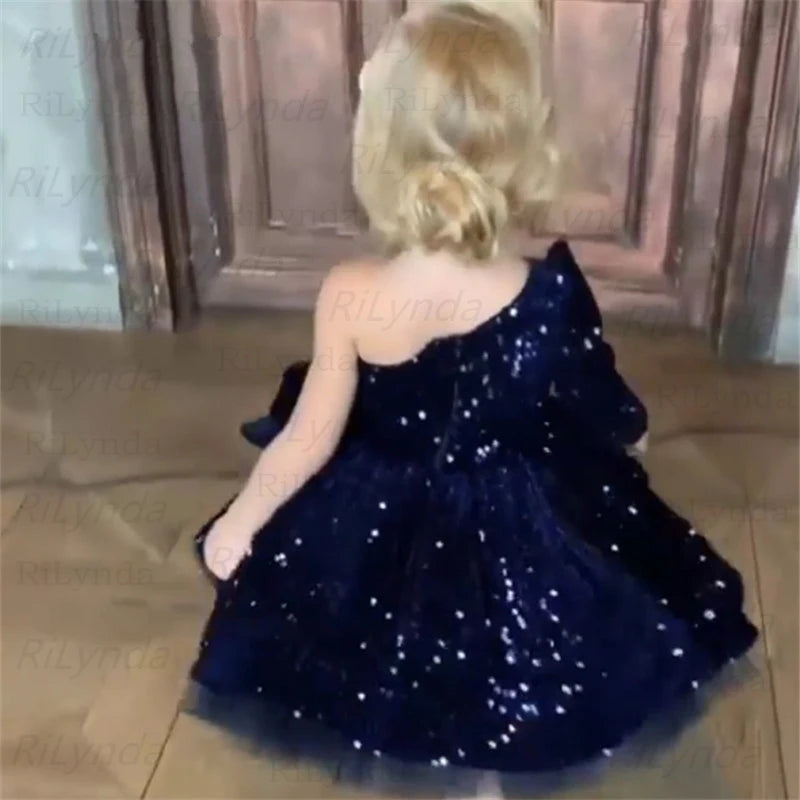 Kids Girls Navy Blue Bows Pleat One Shoulder Fluffy Dress