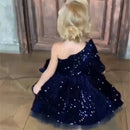 Kids Girls Navy Blue Bows Pleat One Shoulder Fluffy Dress