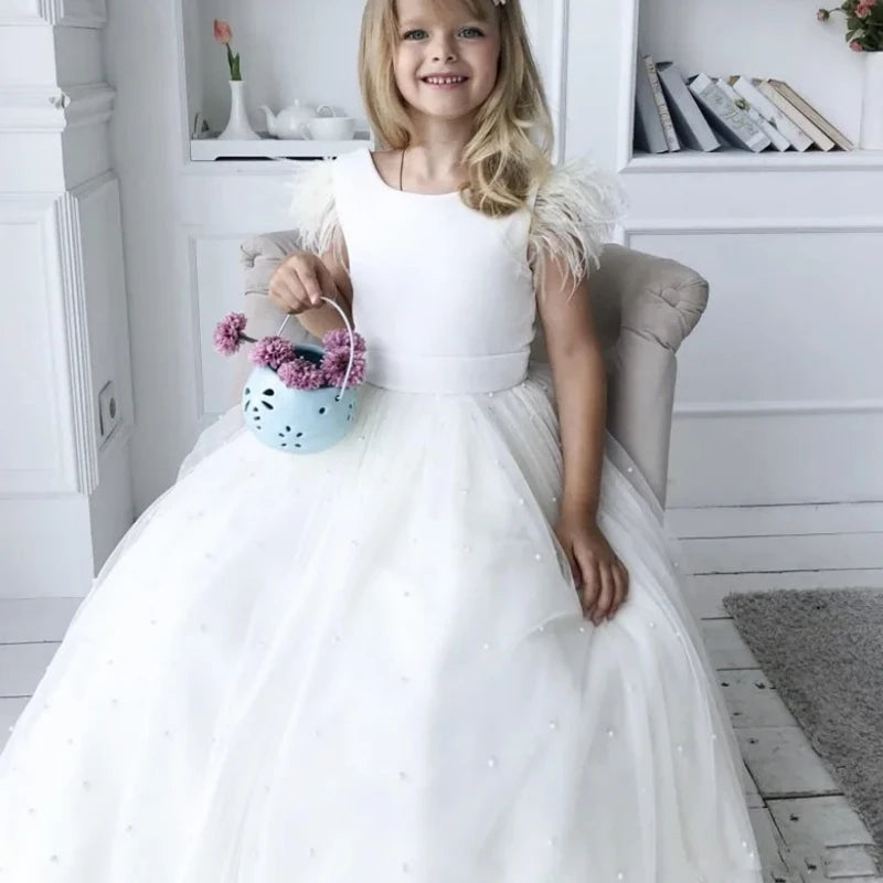 A-Line Feathers Sleeve Backless First Communion Dress For Girls