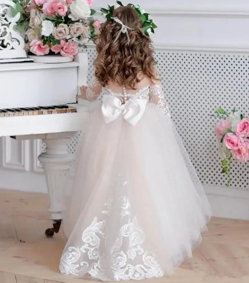 Lace Appliques Sheer Neck Design Flower Girl Dress childrensterritory