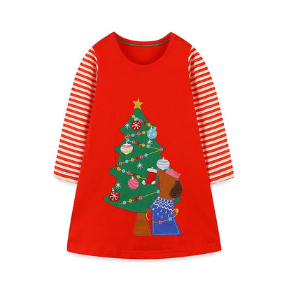 Kids Girls Printed Long Sleeve Christmas Dress childrensterritory