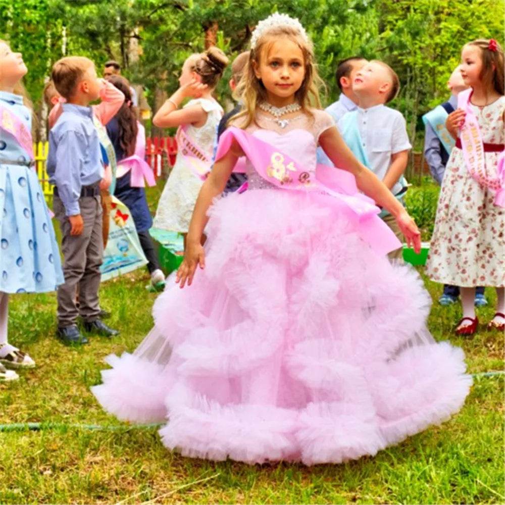 Puffy Layered Tulle Lace Appliques Girls Party Dresses