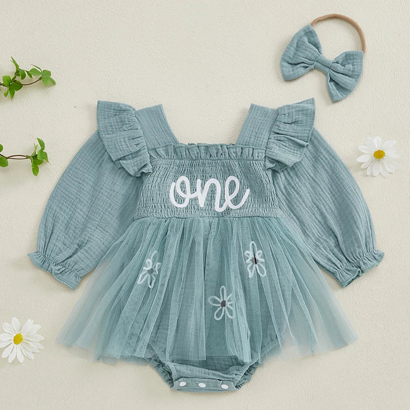 Baby Girls Letter Pattern Ruffled Mesh Romper Dresses