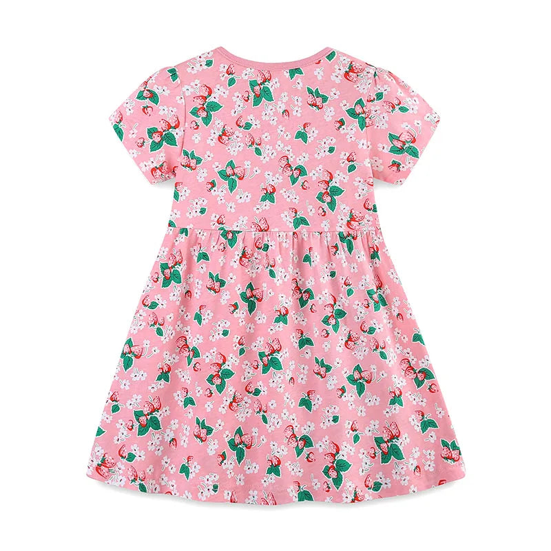 Kids Girls Strawberry Flowers Print Cotton Dress childrensterritory