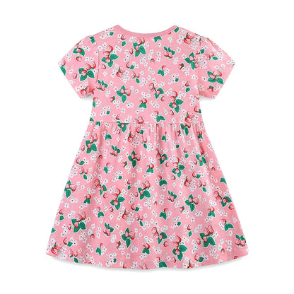 Kids Girls Strawberry Flowers Print Cotton Dress childrensterritory