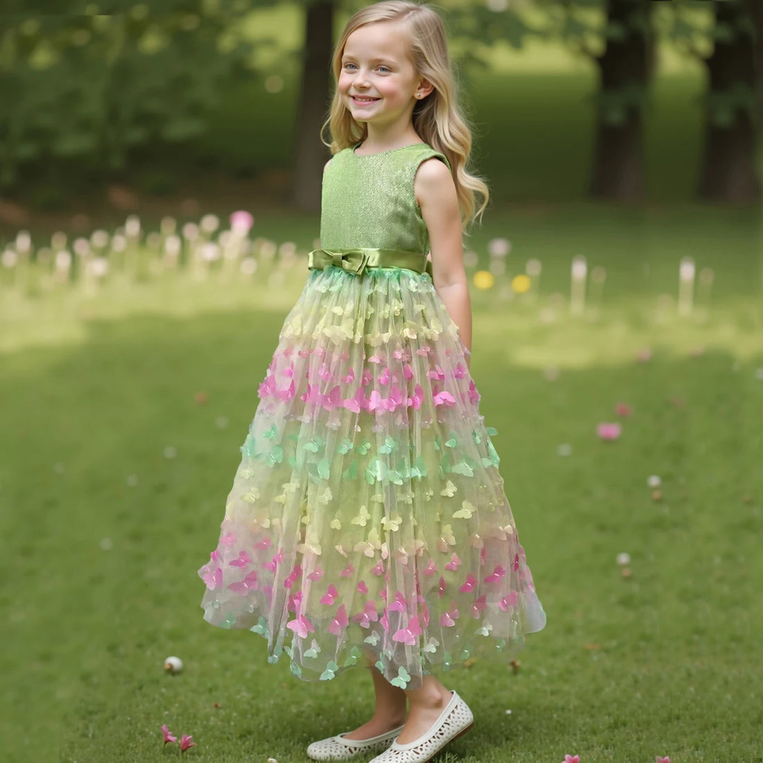 3D Butterfly Design Kids Girls Mesh Bow Long Princess Dress childrensterritory