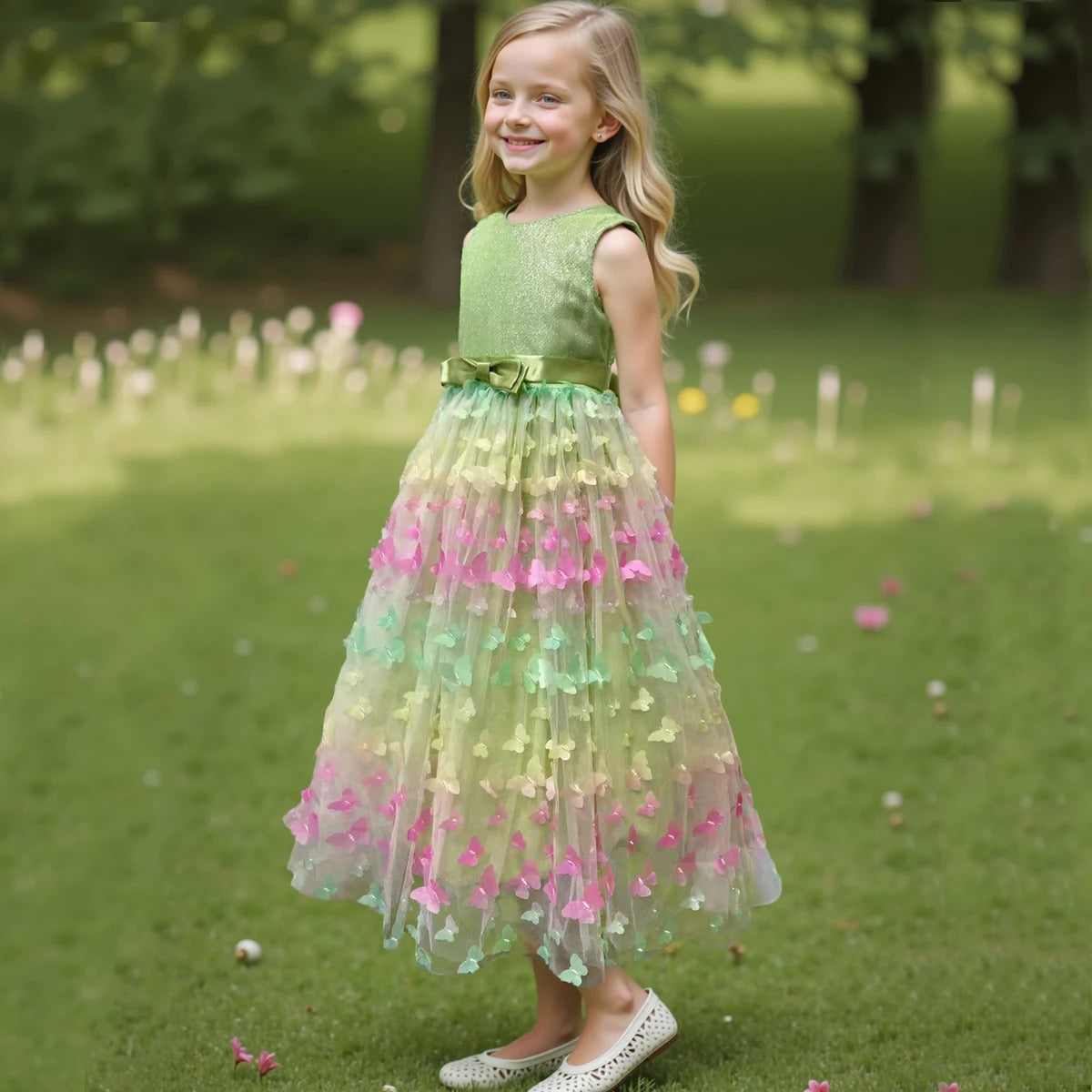 3D Butterfly Design Kids Girls Mesh Bow Long Princess Dress childrensterritory