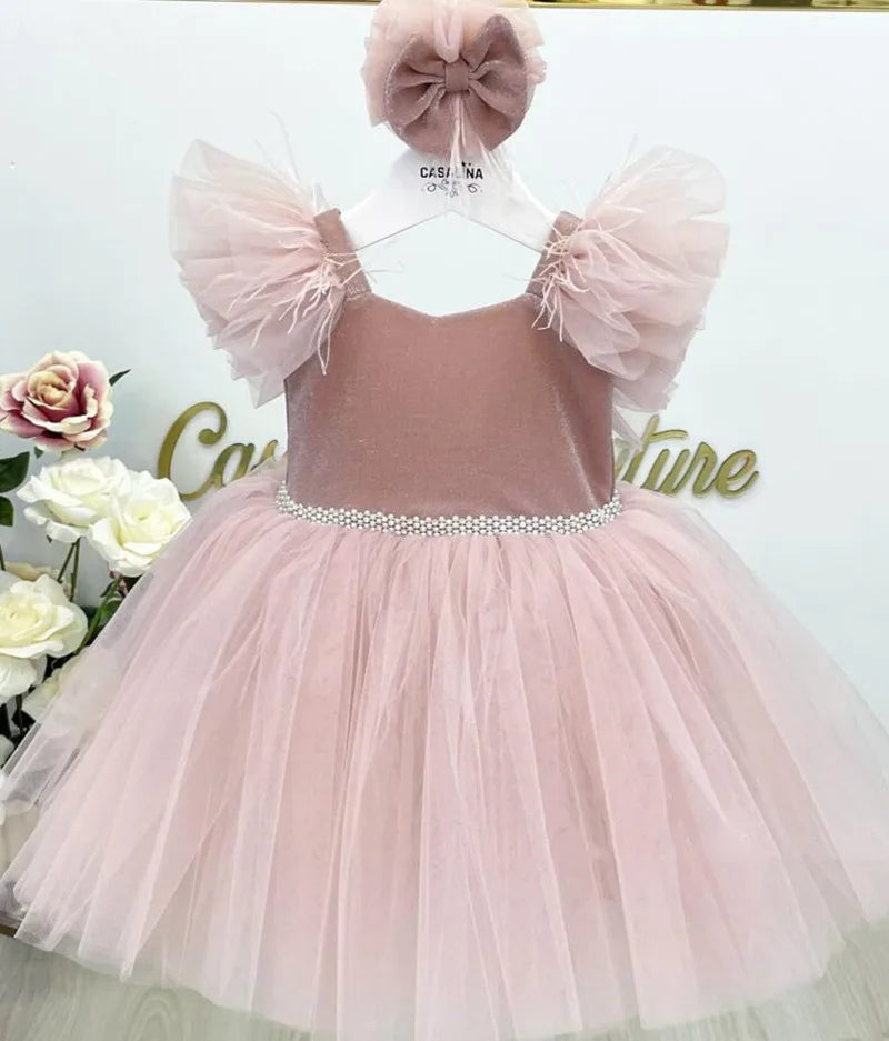 Little Girls Pink Tulle Princess Wedding Party Dress with Headbow