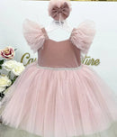 Little Girls Pink Tulle Princess Wedding Party Dress with Headbow