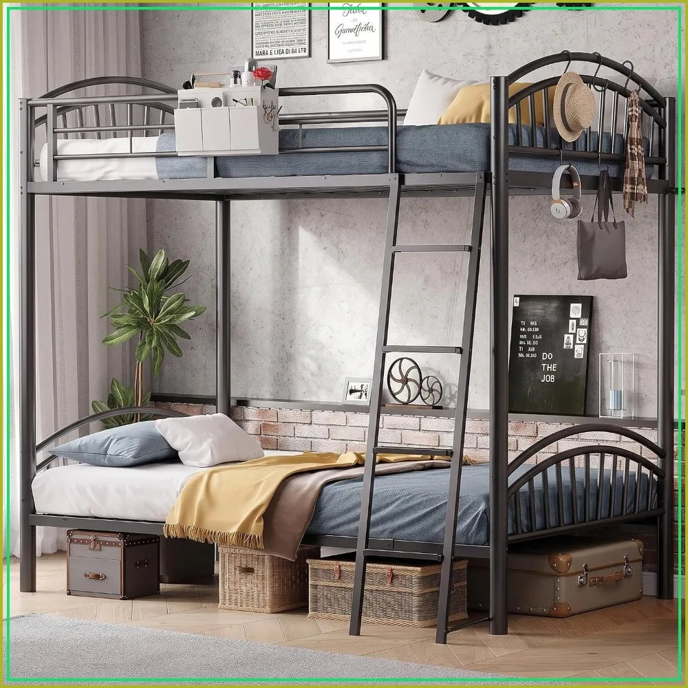 Convertible Metal Bunk Bed Frame with Removable Ladder &amp; Guard Rail