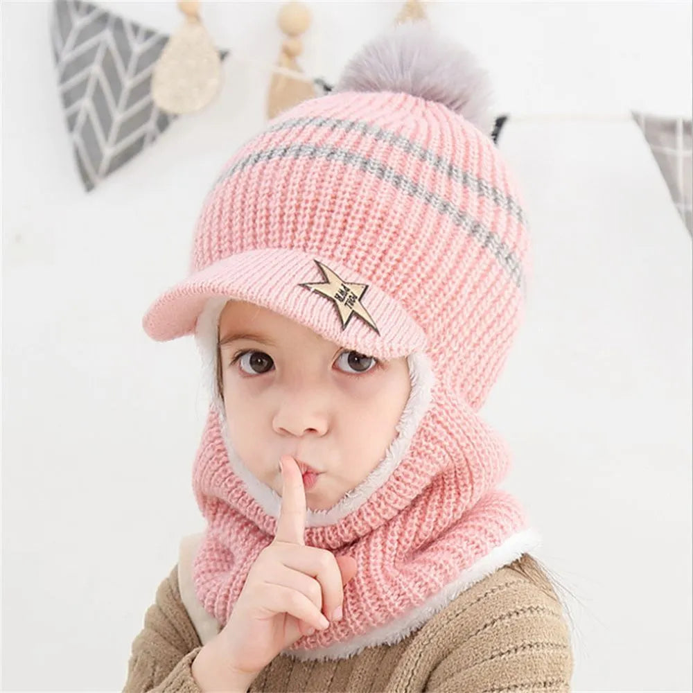 Kids Warm Knitted Plus Fleece Beanie with Face Cover childrensterritory