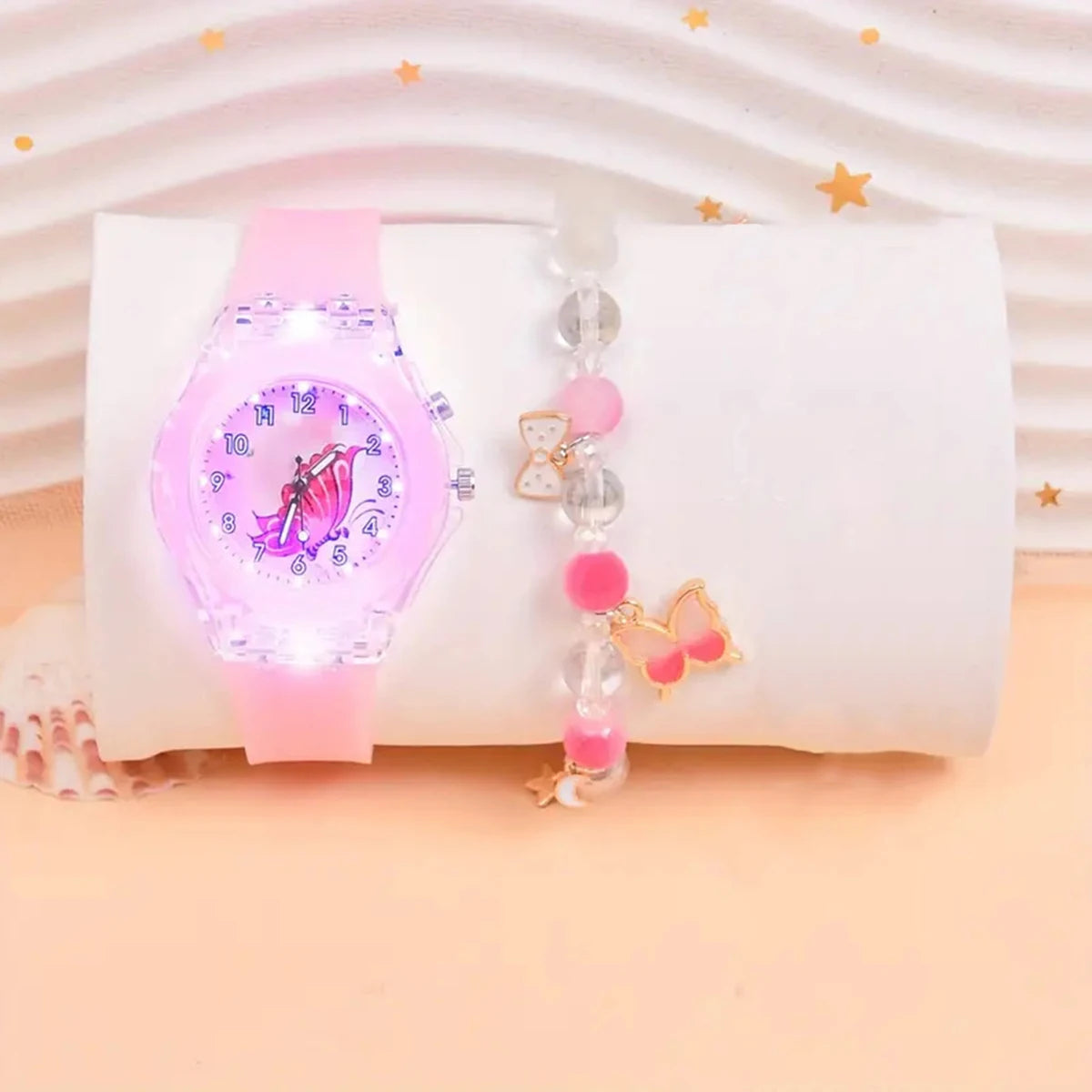 Girls' Butterfly Design Luminous Watch + Beaded Bracelet Set