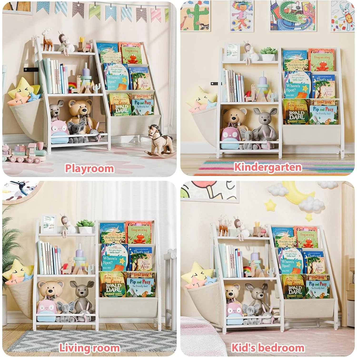 Kids 3-Tier Book Sling Shelf and Toy Storage Organizer